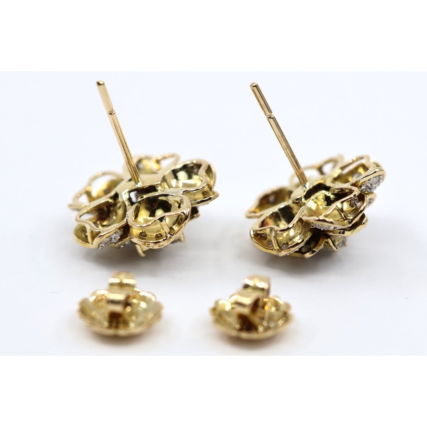 13K Yellow Gold Diamond Floral Cluster Flower Stud Earrings