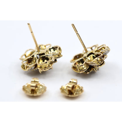 13K Yellow Gold Diamond Floral Cluster Flower Stud Earrings