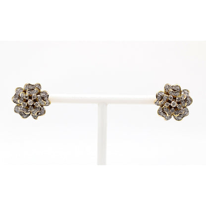 13K Yellow Gold Diamond Floral Cluster Flower Stud Earrings