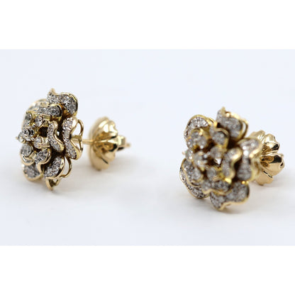 13K Yellow Gold Diamond Floral Cluster Flower Stud Earrings