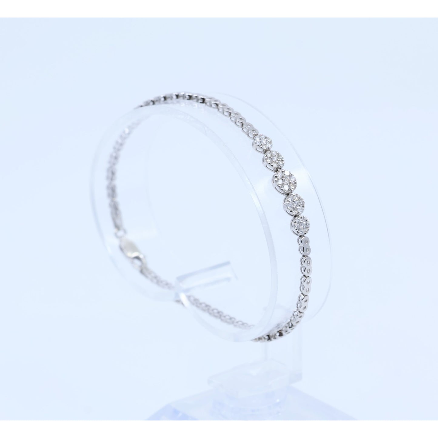14K White Gold Round Flower Diamond Tennis Link Bracelet