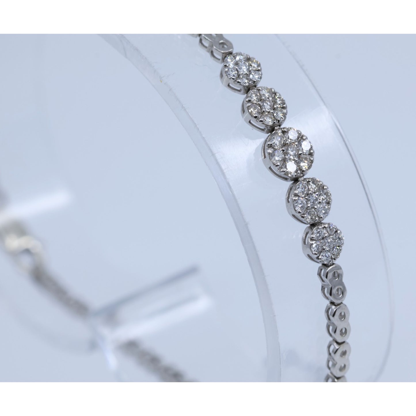 14K White Gold Round Flower Diamond Tennis Link Bracelet