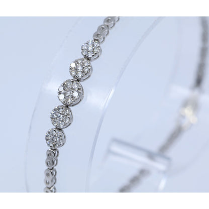 14K White Gold Round Flower Diamond Tennis Link Bracelet