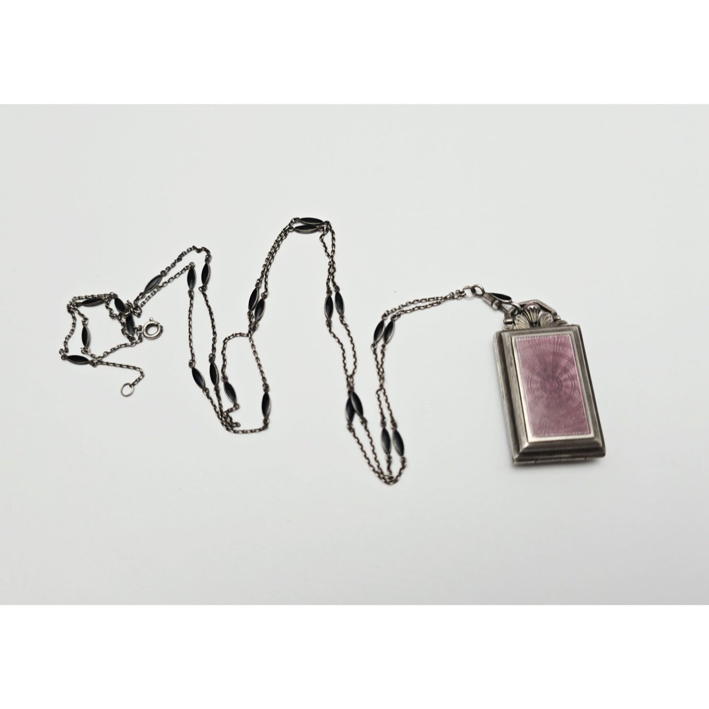 Vintage Art Deco Sterling Silver Black & Purple Enamel Pendant Watch Necklace