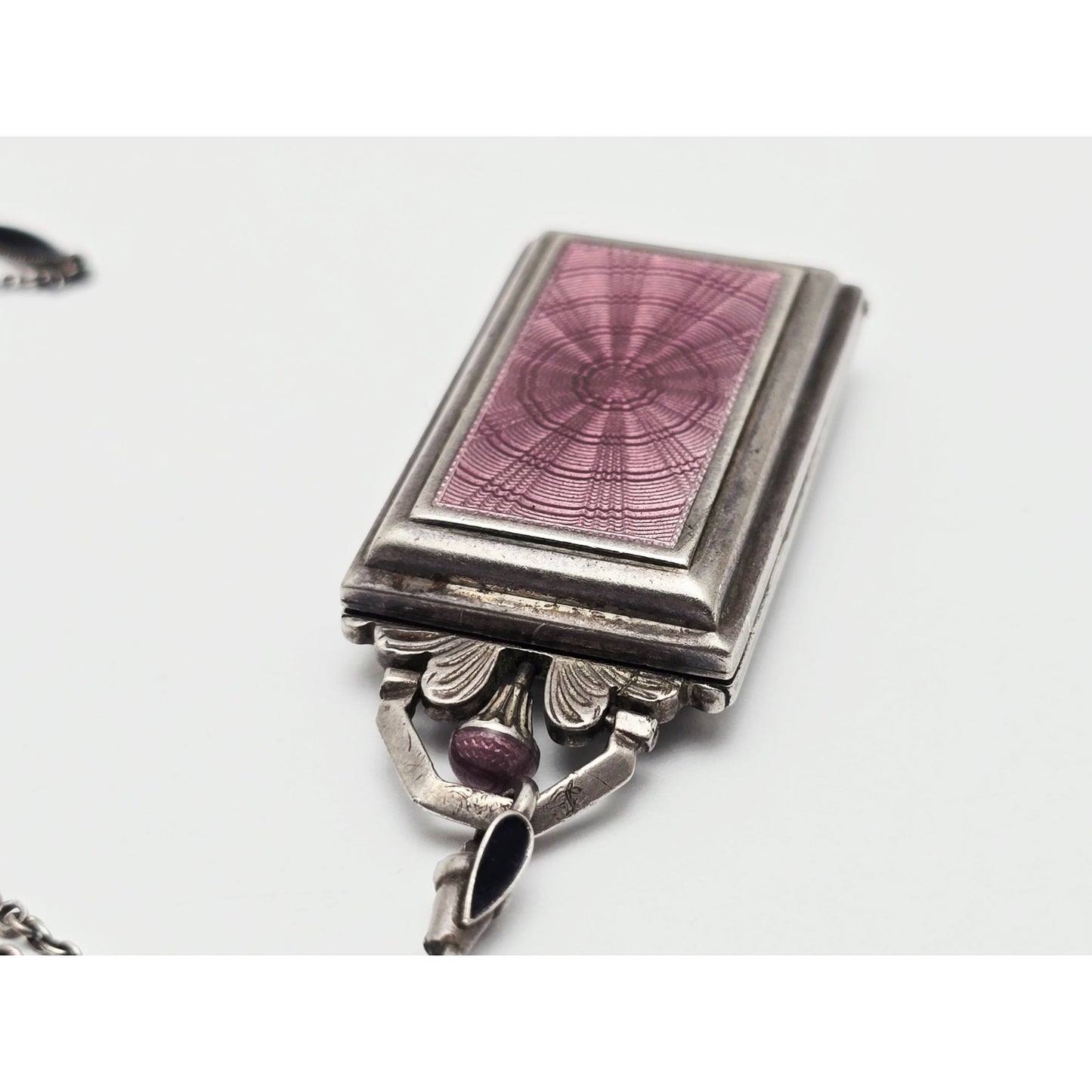 Vintage Art Deco Sterling Silver Black & Purple Enamel Pendant Watch Necklace