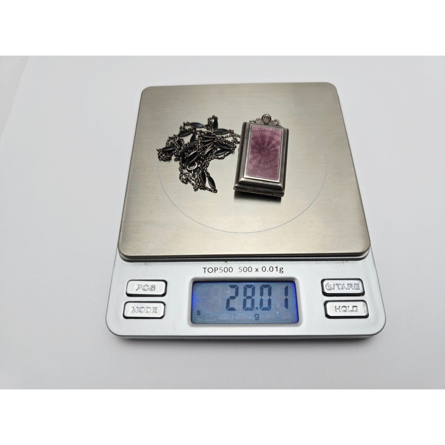 Vintage Art Deco Sterling Silver Black & Purple Enamel Pendant Watch Necklace