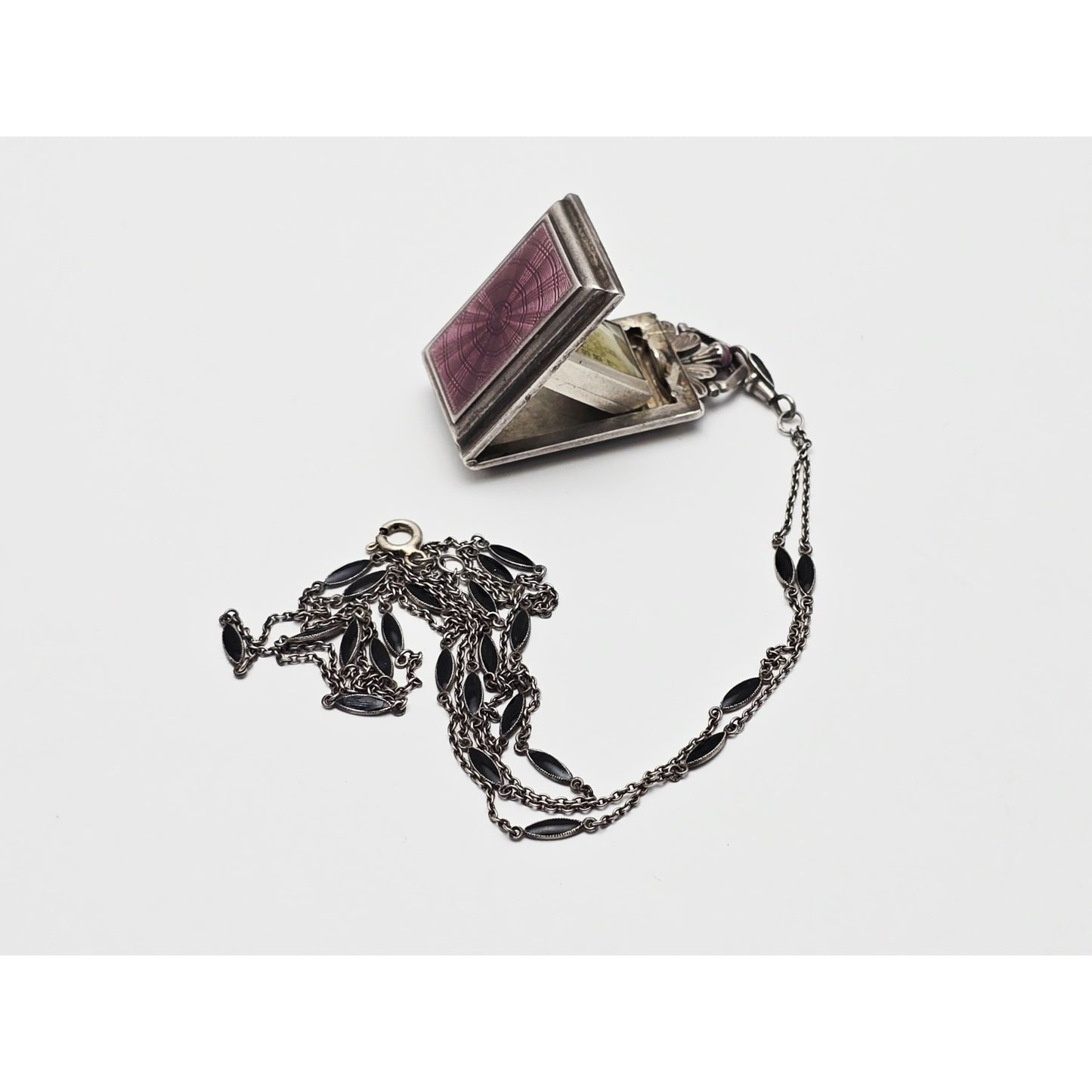 Vintage Art Deco Sterling Silver Black & Purple Enamel Pendant Watch Necklace