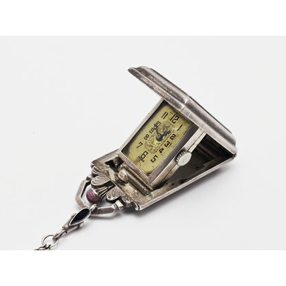 Vintage Art Deco Sterling Silver Black & Purple Enamel Pendant Watch Necklace