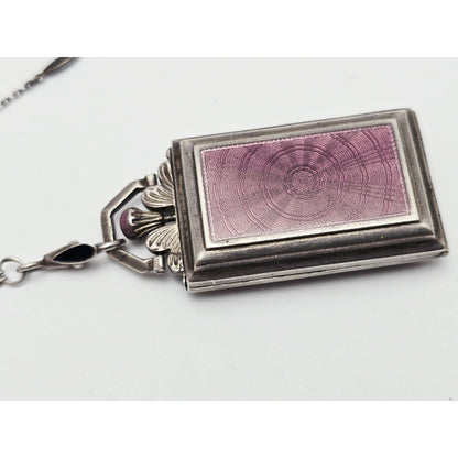Vintage Art Deco Sterling Silver Black & Purple Enamel Pendant Watch Necklace