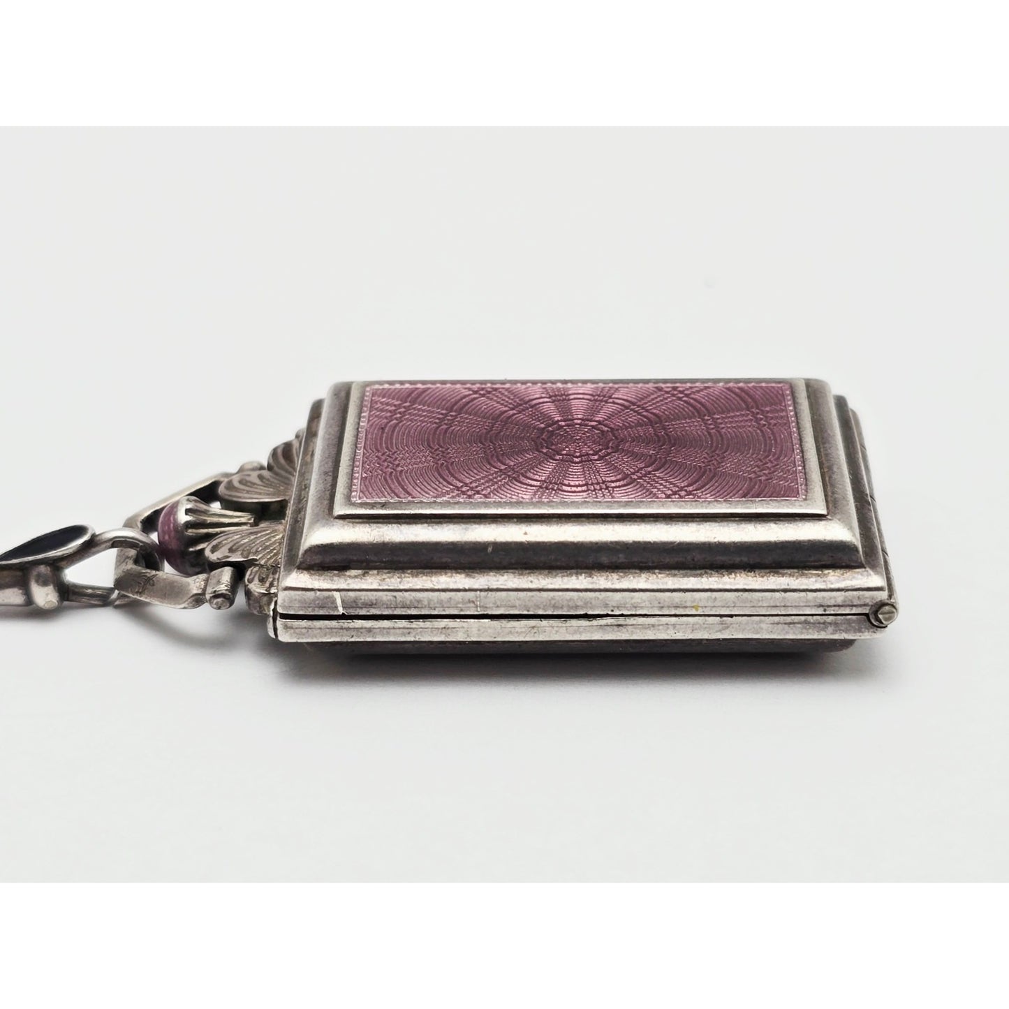 Vintage Art Deco Sterling Silver Black & Purple Enamel Pendant Watch Necklace