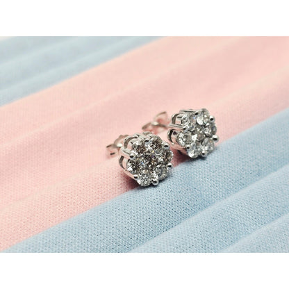 14K White Gold Round Cut Diamond Flower Stud Earrings