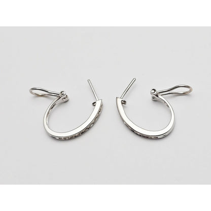14K White Gold Round Cut Diamond French Clip Half Hoop Earrings