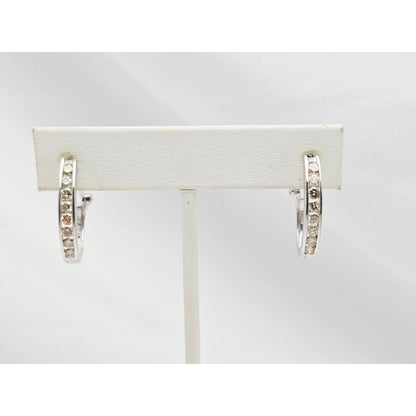14K White Gold Round Cut Diamond French Clip Half Hoop Earrings