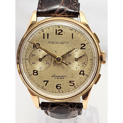 Vintage Monval 18K Rose Gold 37mm 17J Antimagnetic Chronograph Swiss Watch