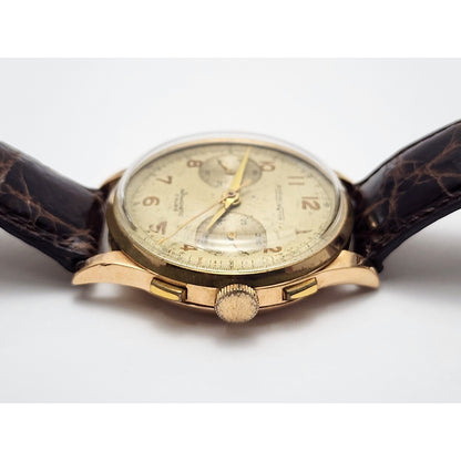 Vintage Monval 18K Rose Gold 37mm 17J Antimagnetic Chronograph Swiss Watch