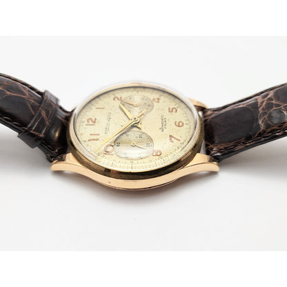 Vintage Monval 18K Rose Gold 37mm 17J Antimagnetic Chronograph Swiss Watch