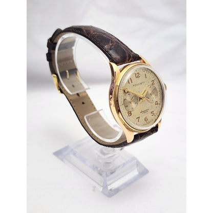 Vintage Monval 18K Rose Gold 37mm 17J Antimagnetic Chronograph Swiss Watch