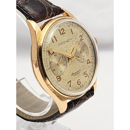 Vintage Monval 18K Rose Gold 37mm 17J Antimagnetic Chronograph Swiss Watch