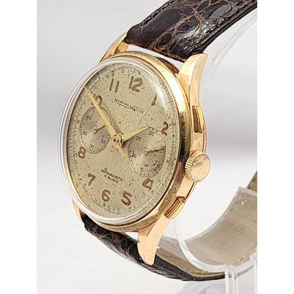 Vintage Monval 18K Rose Gold 37mm 17J Antimagnetic Chronograph Swiss Watch