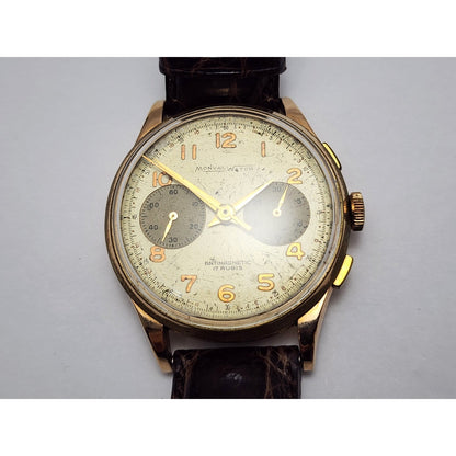 Vintage Monval 18K Rose Gold 37mm 17J Antimagnetic Chronograph Swiss Watch