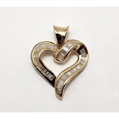 14K Yellow Gold Baguette Diamond Open Heart Charm Pendant