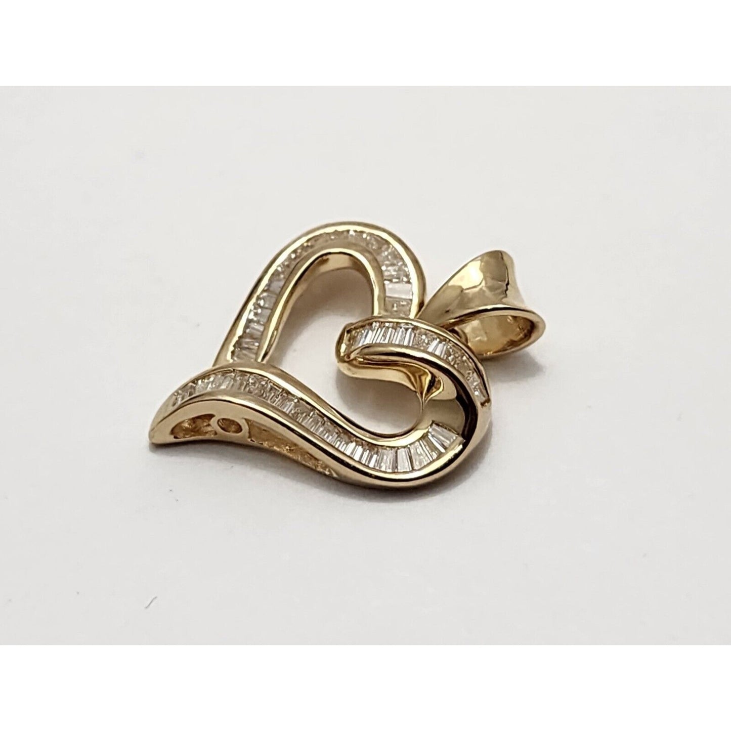 14K Yellow Gold Baguette Diamond Open Heart Charm Pendant