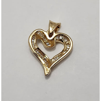 14K Yellow Gold Baguette Diamond Open Heart Charm Pendant