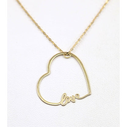 14K Yellow Gold Cursive Love Heart Charm Pendant Cable Link Chain Necklace