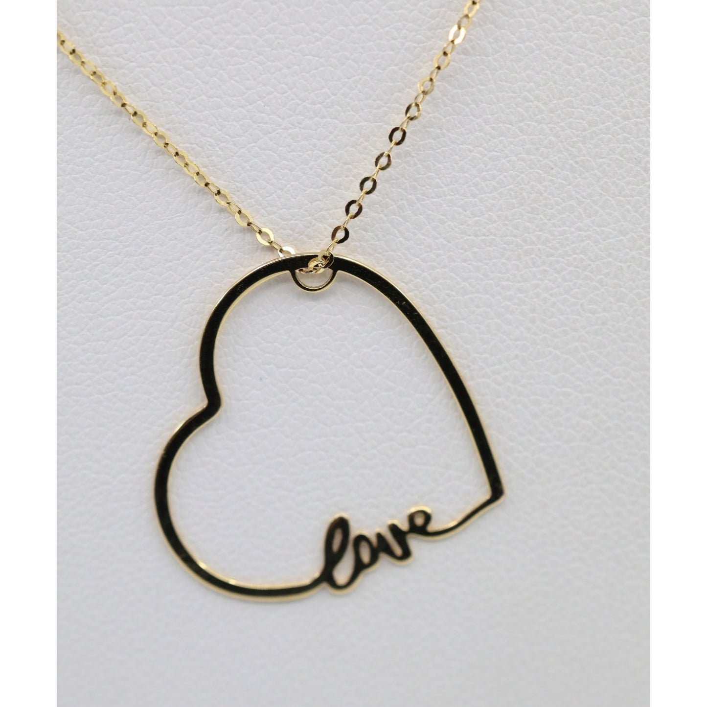 14K Yellow Gold Cursive Love Heart Charm Pendant Cable Link Chain Necklace