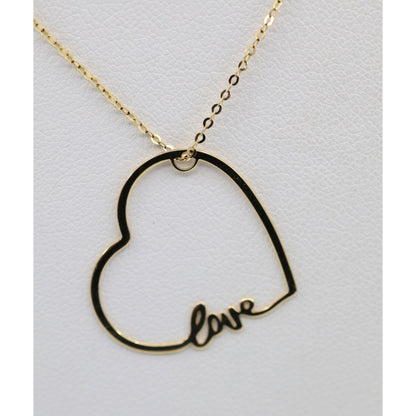 14K Yellow Gold Cursive Love Heart Charm Pendant Cable Link Chain Necklace