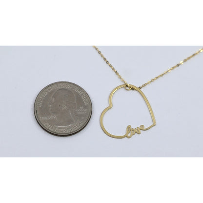 14K Yellow Gold Cursive Love Heart Charm Pendant Cable Link Chain Necklace