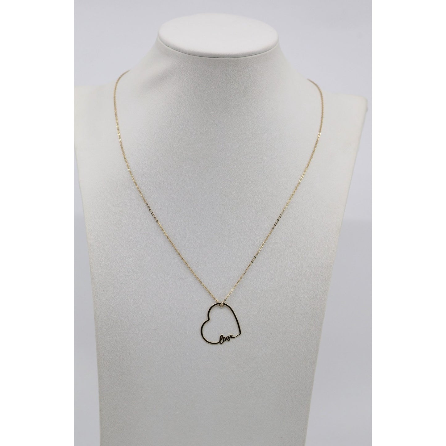 14K Yellow Gold Cursive Love Heart Charm Pendant Cable Link Chain Necklace
