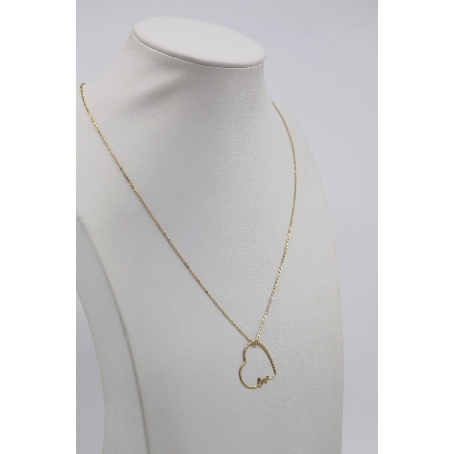 14K Yellow Gold Cursive Love Heart Charm Pendant Cable Link Chain Necklace