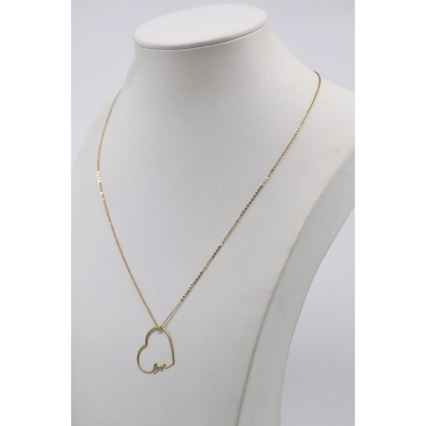 14K Yellow Gold Cursive Love Heart Charm Pendant Cable Link Chain Necklace