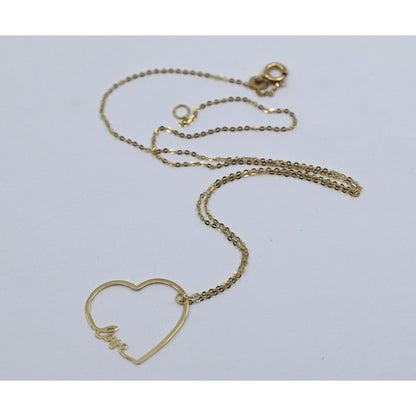 14K Yellow Gold Cursive Love Heart Charm Pendant Cable Link Chain Necklace
