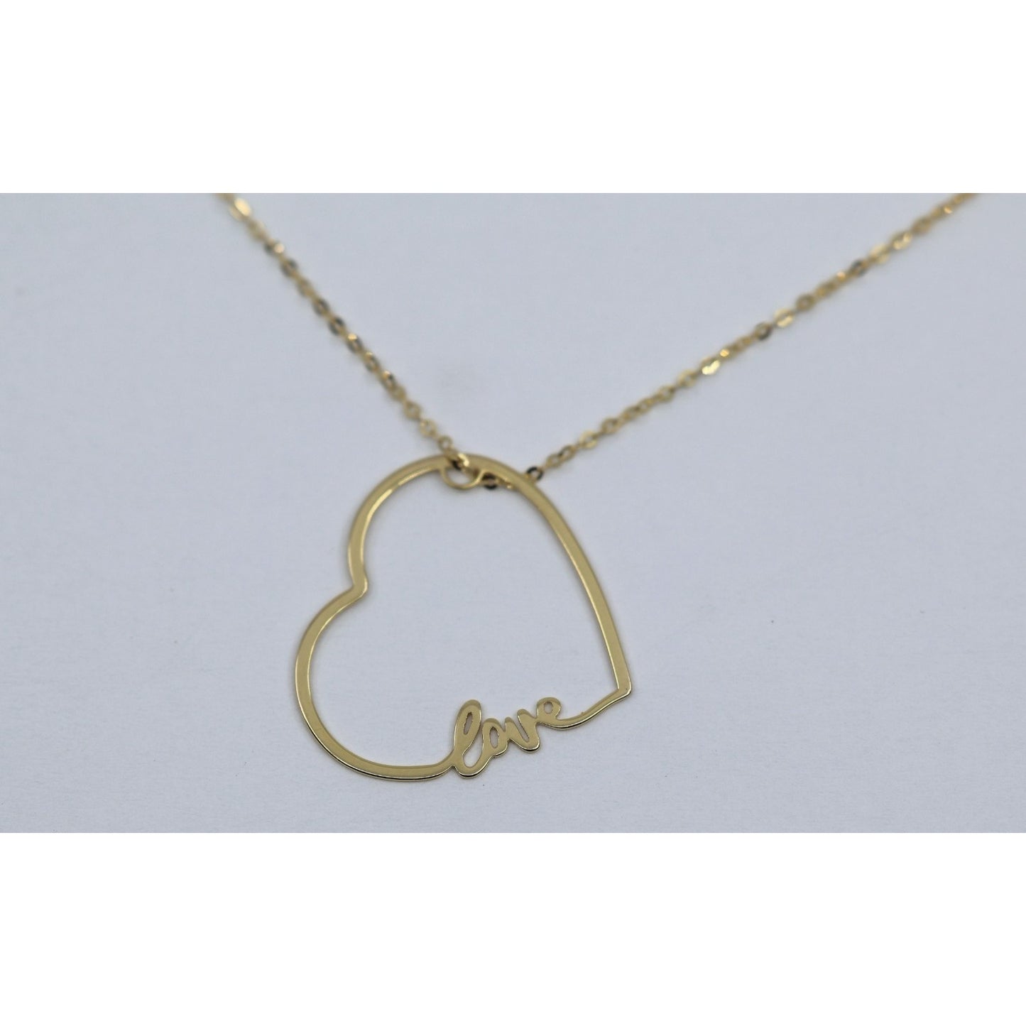 14K Yellow Gold Cursive Love Heart Charm Pendant Cable Link Chain Necklace