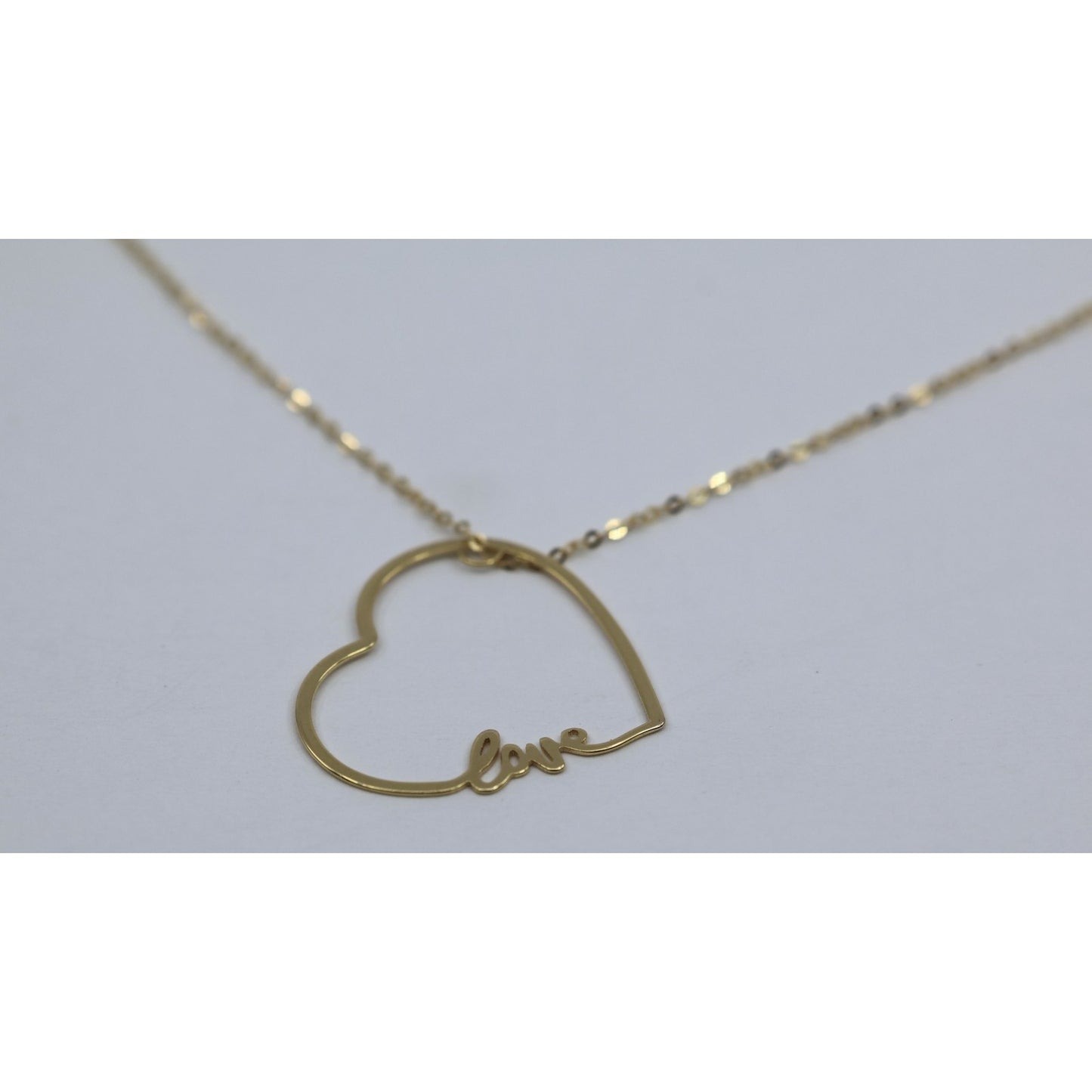14K Yellow Gold Cursive Love Heart Charm Pendant Cable Link Chain Necklace