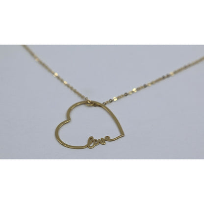14K Yellow Gold Cursive Love Heart Charm Pendant Cable Link Chain Necklace