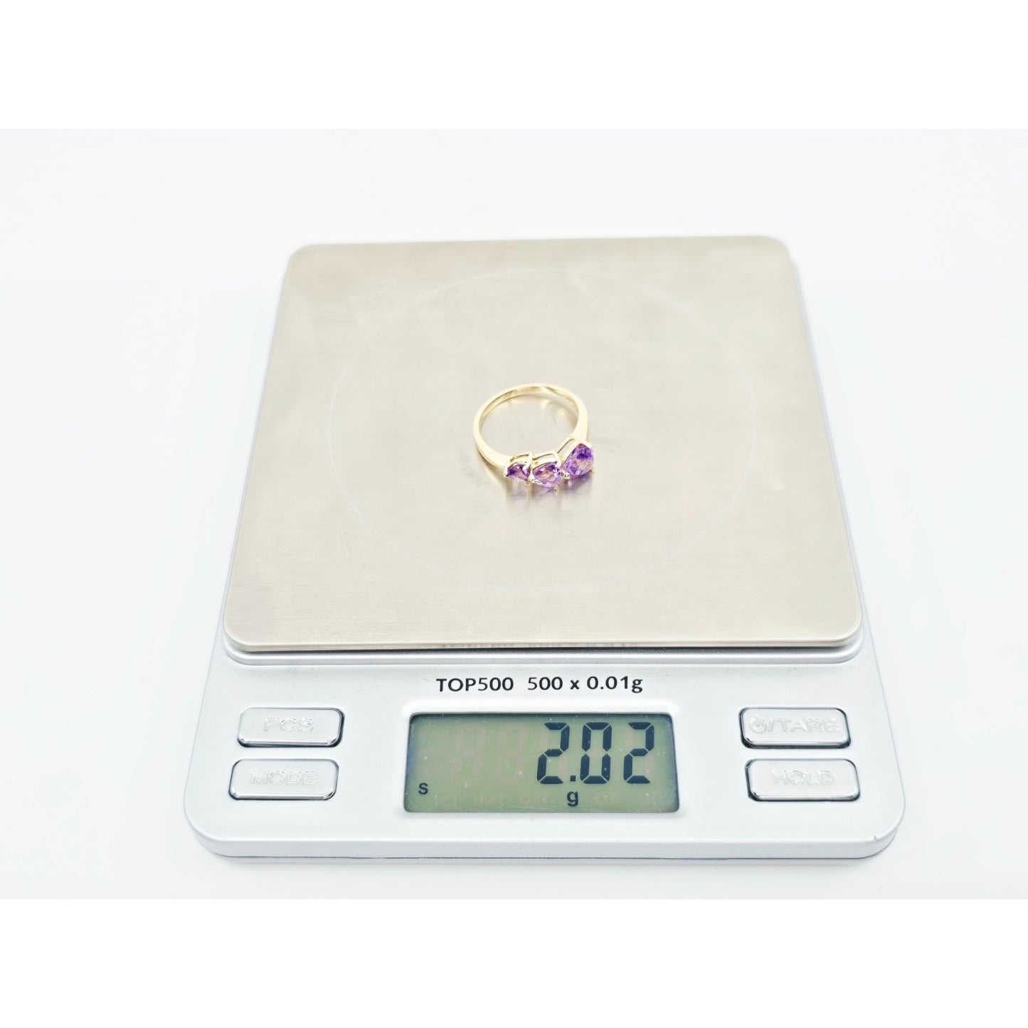 10K Yellow Gold Graduated Heart Shaped Amethyst Ring