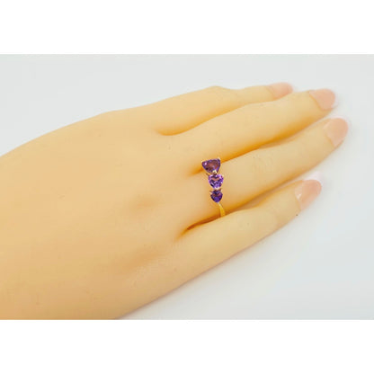 10K Yellow Gold Graduated Heart Shaped Amethyst Ring