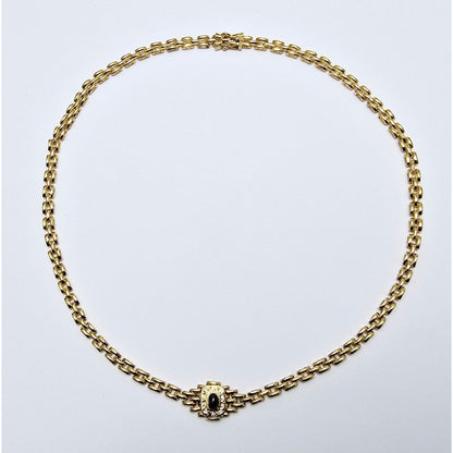 18K Yellow Gold Cabochon Sapphire & Diamond Link Chain Necklace