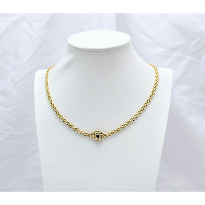 18K Yellow Gold Cabochon Sapphire & Diamond Link Chain Necklace