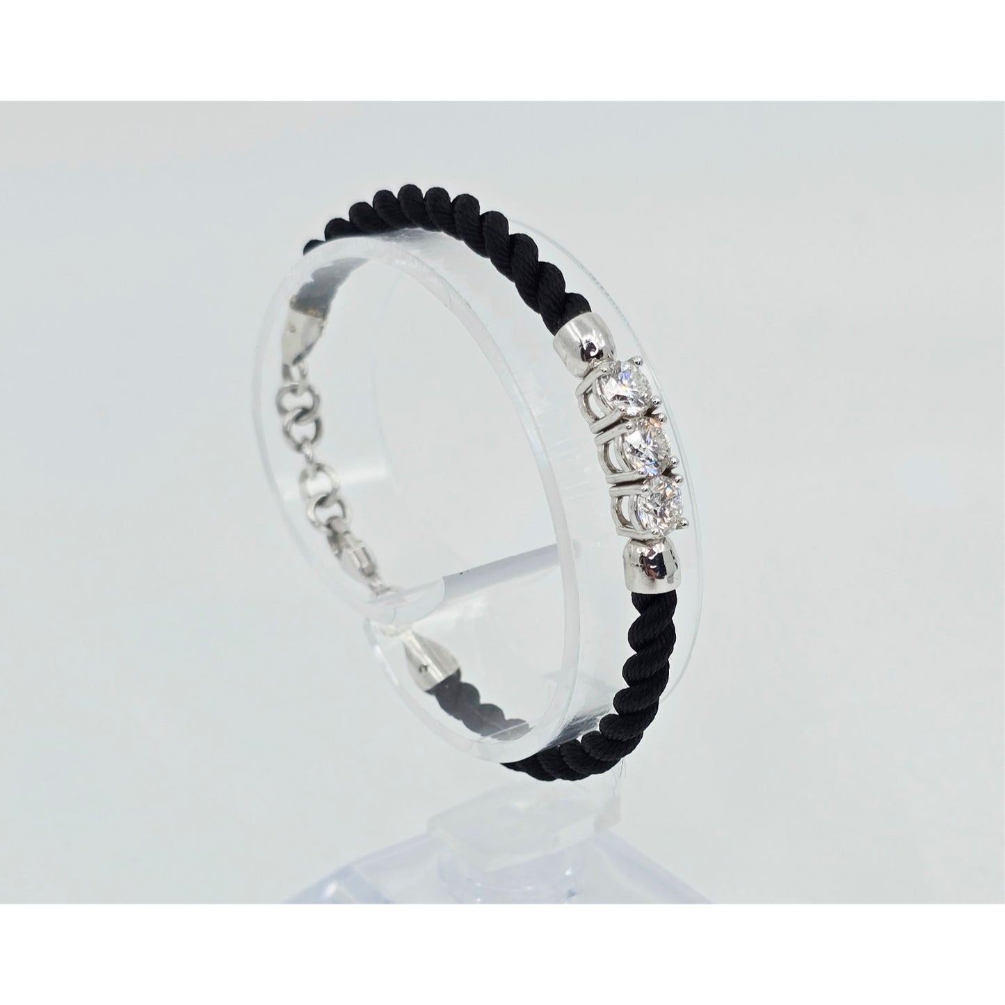 14K White Gold GIA 3 Diamond Adjustable Black Rope Bracelet 1.65ctw F VVS1