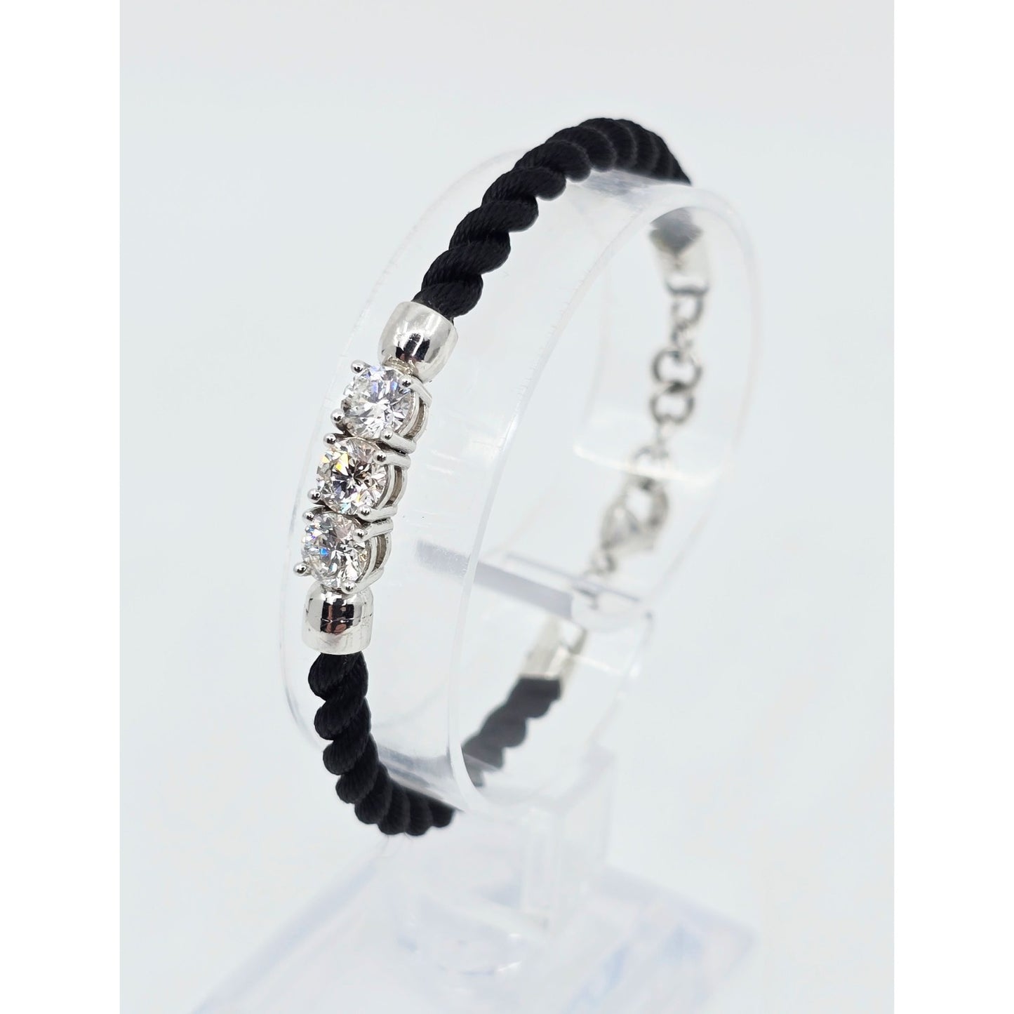 14K White Gold GIA 3 Diamond Adjustable Black Rope Bracelet 1.65ctw F VVS1