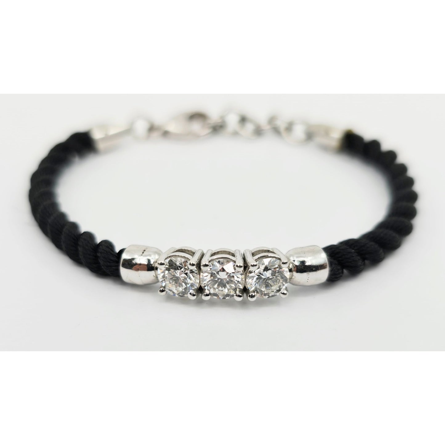 14K White Gold GIA 3 Diamond Adjustable Black Rope Bracelet 1.65ctw F VVS1