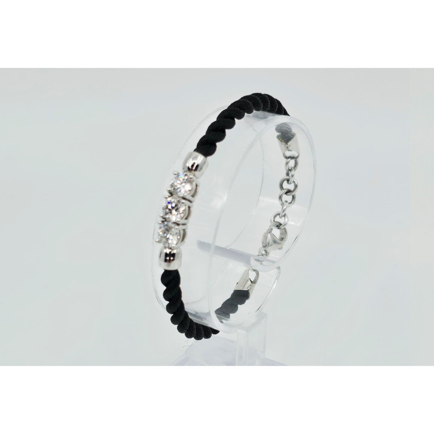 14K White Gold GIA 3 Diamond Adjustable Black Rope Bracelet 1.65ctw F VVS1