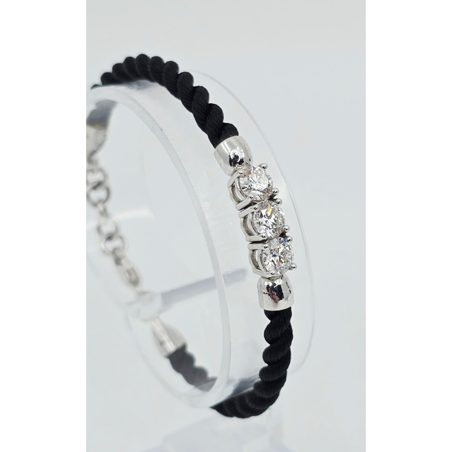 14K White Gold GIA 3 Diamond Adjustable Black Rope Bracelet 1.65ctw F VVS1