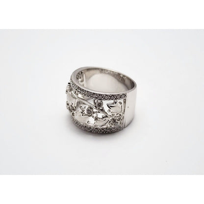 14K White Gold Round Diamond Wide Band Floral Leaves Ring