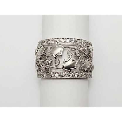 14K White Gold Round Diamond Wide Band Floral Leaves Ring