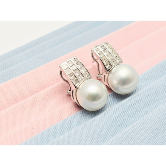 14K White Gold Pearl & Princess Cut Diamond French Clip Earrings